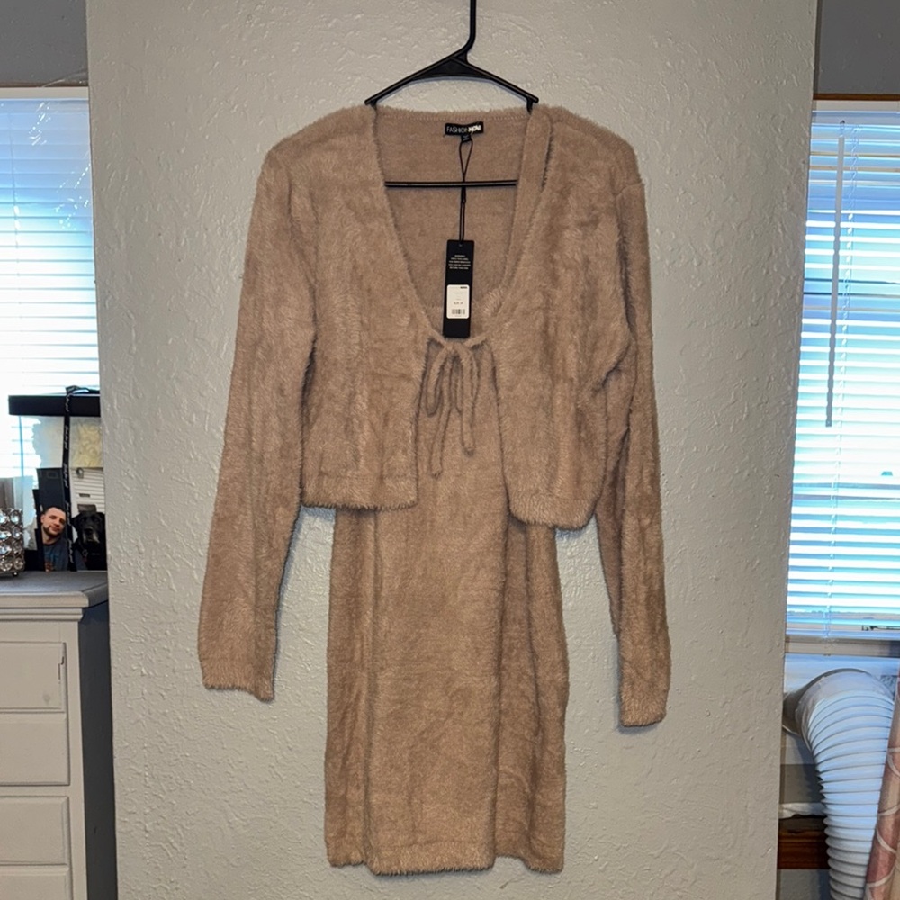 Fashion Nova Cozy Tan Long Sleeve Dress with Cardigan